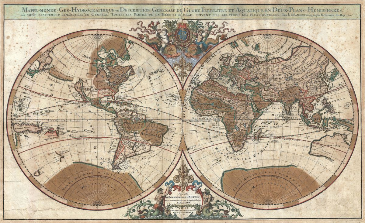 Antique map of The World by Nicolas Sanson, 1691 — restored fine-art print
